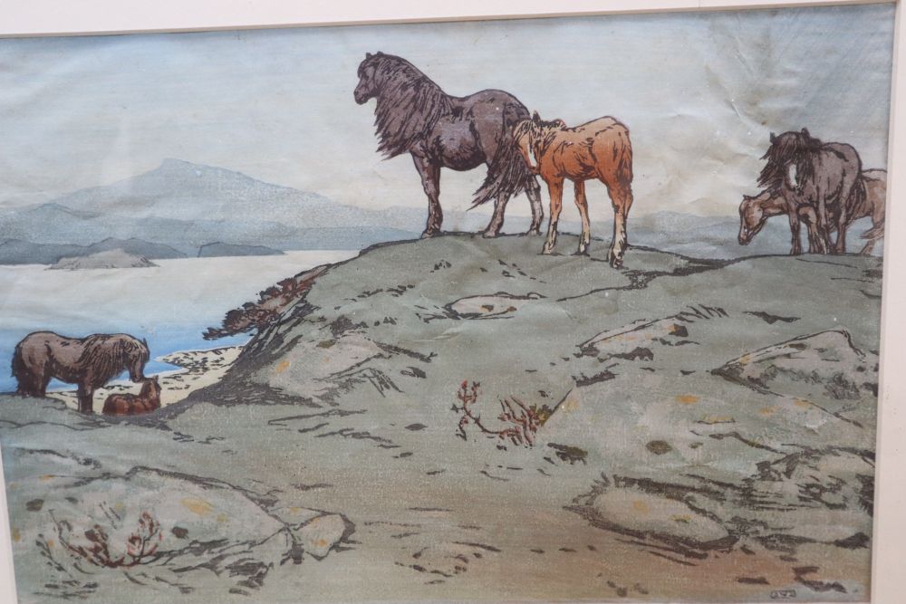 Allen William Seaby (1867-1953), colour wood engraving, Ponies in a coastal landscape, signed in the plate, 23 x 33.5cm